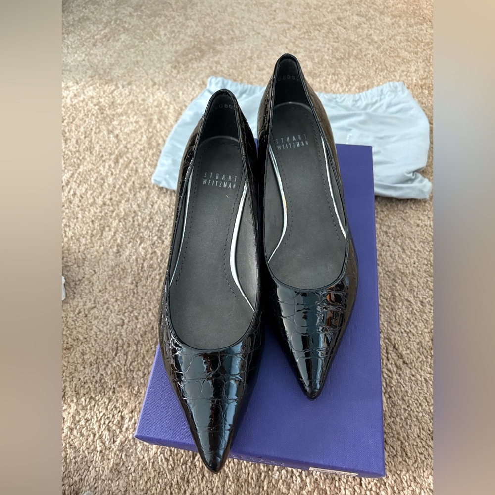 Stuart Weitzman black crocodile kitten heel
